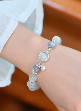 小铃铛串珠猫眼石夏季女纯银手链