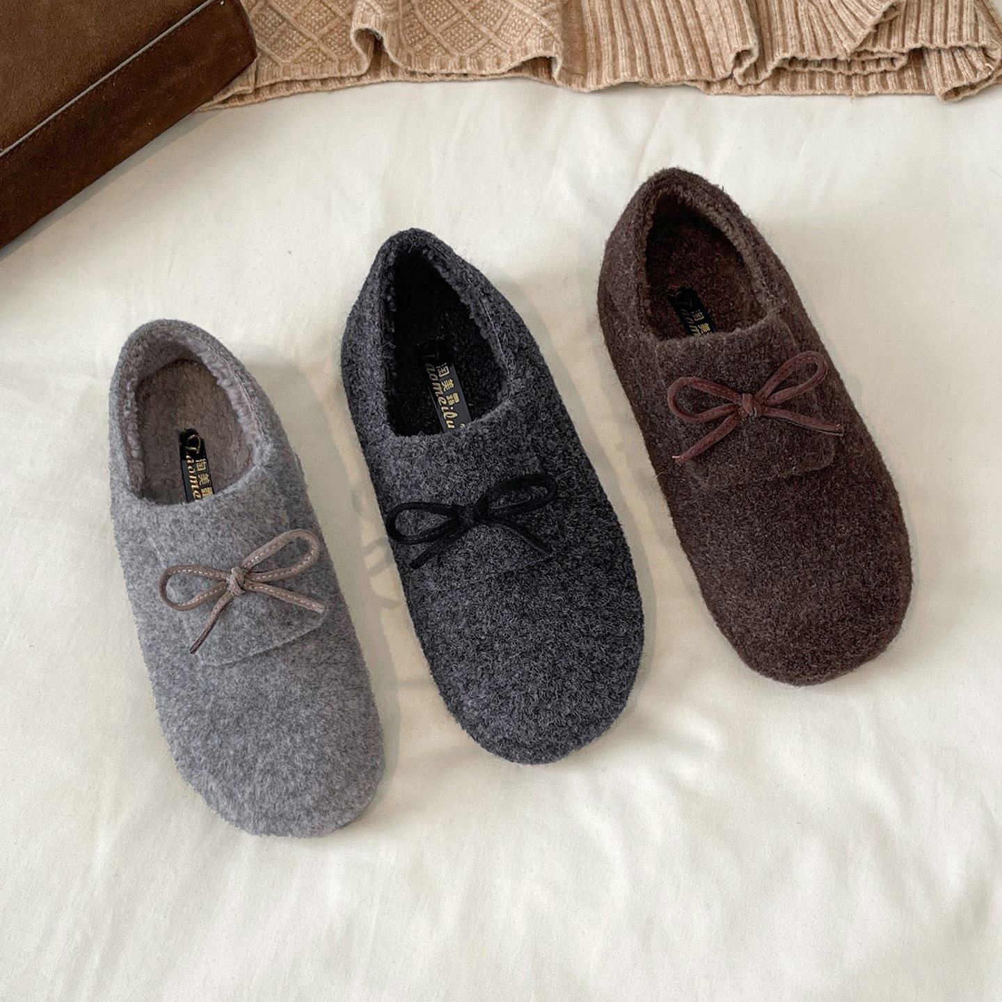 法式毛毛鞋2025仙女风秋冬新款蝴蝶结平底加绒单鞋圆头软底棉鞋,淘宝优惠券,粉丝福利购,淘宝优惠卷