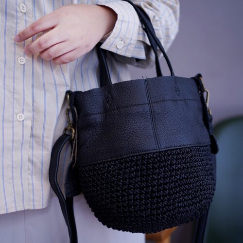 原创设计人气复古水桶包棉蜡绳手工编织头层牛皮手提单肩斜挎女包 - 图2