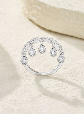 纯银异形水滴莫桑石流苏戒指中式精致新款小红书热销925饰品女