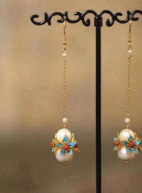 复古简约鎏金仿点翠花朵珍珠新款百搭设计大气质国潮福禄耳环送礼