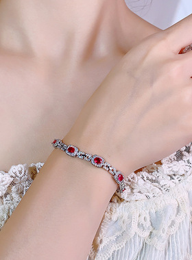 秋冬新款手链手镯欧美饰品高级锆石红宝石蓝宝石轻奢时尚百搭女式