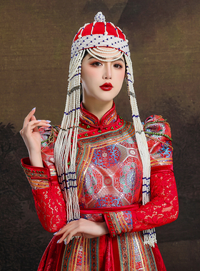 原创蒙古族女士红色帽子高定重工头饰内蒙古舞蹈演出婚礼走秀新娘