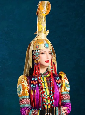 蒙古族黄色帽子集锦高筒走秀婚礼演出旅拍高级感高顶设计感头饰帽