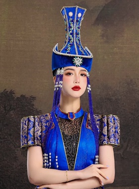 蓝色蒙古族帽子集锦高筒走秀婚礼演出旅拍高级感高顶设计感头饰