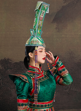 原创蒙古族女士绿色帽子重工复古设计感高顶高筒头饰走秀帽子饰品