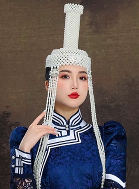 白色蒙古族帽子集锦高筒走秀婚礼演出旅拍高级感高顶设计感头饰帽