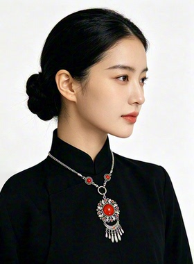 蒙古族复古流苏项链女做旧项链民族风长款吊坠草原蒙古配饰锁骨链