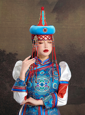 原创蒙古族蓝色帽子重工设计感复古传统内蒙舞蹈演出走秀头饰饰品