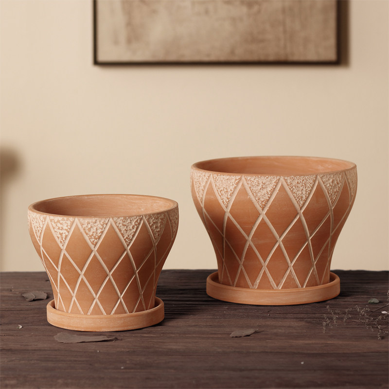 复古浮雕细纹红陶花盆新中式陶土盆客厅书房绿植简约仿旧花器陶瓷,淘宝优惠券,粉丝福利购,淘宝优惠卷