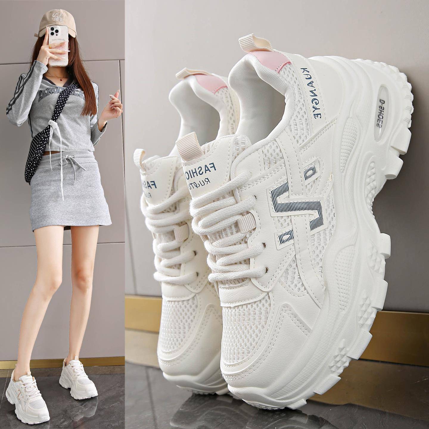 老爹鞋女款2025新款秋季网面小白鞋厚底不累脚防滑运动鞋增高女鞋 - 图2