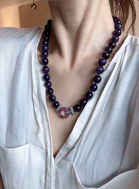 紫水晶珠子项链高级感复古串珠颈链个性夸张vintage中古饰品