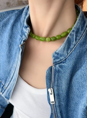 草绿色珠串项链小众不规则休闲复古串珠个性新中式choker简约北欧