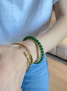 天然玉髓手镯小众高级感珠珠手环开口可调节串珠绿色国风中古饰品