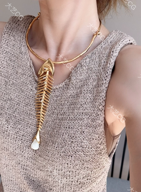 鱼骨choker复古风哑光素金色颈链夸张时尚配饰