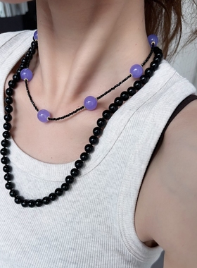 小众细珠项链短彩色紫色choker黑串珠个性百搭颈链