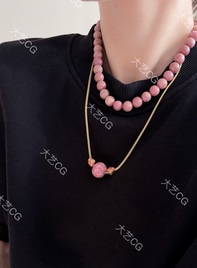 新中式陶瓷珠项链小众复古风粉色项链毛衣链