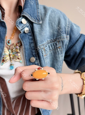 复古风黄戒指多色高级感宫廷指环开口可调节