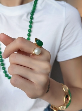 绿玛瑙珍珠戒指开口可调节简约复古指环指圈vintage彩宝