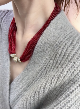 复古多层红色项链串珠高级感贵族vintage中古风饰品珠串