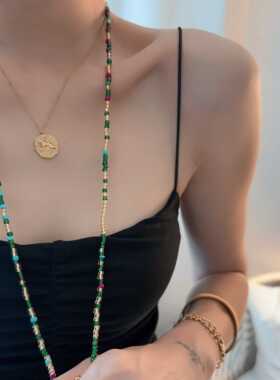 彩色细珠珠项链长波西米亚双层颈链复古个性装饰链饰品串珠