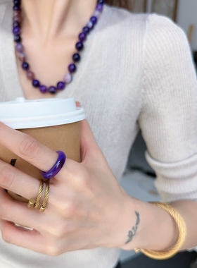 紫玉髓戒指国风花紫系润现代中古指环叠戴简约vintage彩色扳指