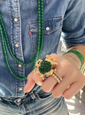 vintage大戒指绿琉璃重工复古指环开口可调节指圈中古风饰品