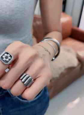 925纯银开口戒指可调节复古黑银双色方形指环个性花朵珠珠银饰品