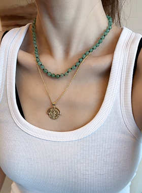 青绿玛瑙石项链珠子vintage颈链串珠彩色choker复古简约小众高级