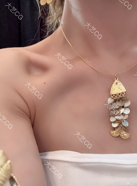 贝壳项链灰色鱼鳞颈链925银choker短链NECIc 0743