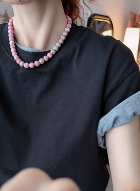 小众粉色项链时尚花水粉陶瓷珠choker多种戴法法式珠串新中式