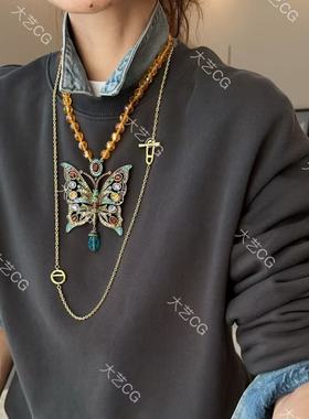 复古蝴蝶项链夸张时尚配饰小众彩色彩宝颈链个性饰品