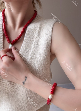 红色手链小众复古风不规则手串珍珠彩色配饰