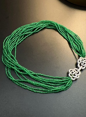绿色珠珠项链复古重工饰品vintage古着串珠choker领结猫眼石短链