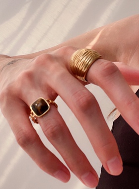 复古夸张大戒指18K镀金金色螺纹猫眼石宝石磨砂拉丝首饰指环