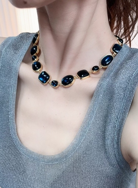深蓝色复古项链短颈链choker宝蓝中古风重工vintage饰品宫廷彩宝