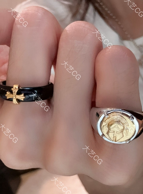 纯银戒指双色古币戒指尾戒复古小众925银饰