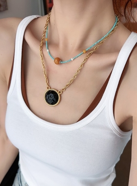绿松石蜜蜡串珠天蓝色小米珠项链夏日choker百搭叠戴颈链新中式