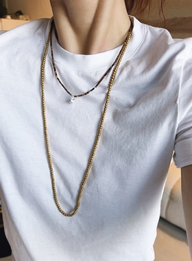 超细珠子项链虎眼石棕色复古珠珠链925纯银爱心饰品choker短颈链