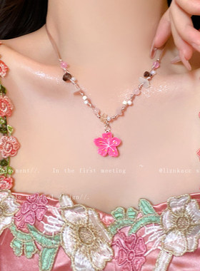 多巴胺甜美彩色花朵串珠项链女春季氛围感超仙锁骨链小众设计颈链