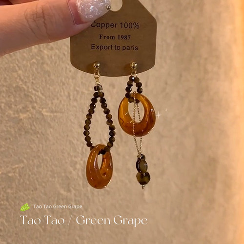 5G入秋 新中式复古串珠流苏耳环女秋冬2025新款不对称高级感耳饰 - 图2