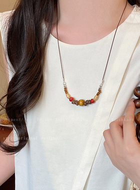 新中式复古木质串珠吊坠项链女小众设计民族风时尚百搭长款毛衣链