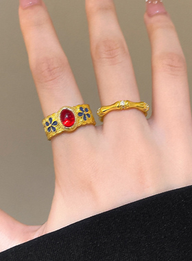 宫廷风复古金色珐琅竹节戒指女款小众高级感食指戒新中式开口指环