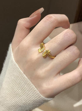 中古金色拉丝蝴蝶戒指女轻奢高级感开口食指戒小众设计感精致指环