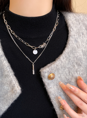 双层叠戴卫衣项链女甜酷轻奢小众高级感挂脖配饰品秋冬长款毛衣链