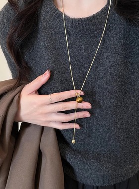 秋冬虎眼石可抽拉珍珠项链配饰女长款毛衣链2025新款爆款百搭颈链