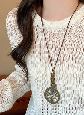 新中式禅意长款圆形项链女复古民族风叠戴毛衣链新款波西米亚配饰