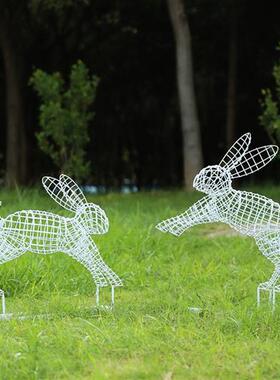 户外不锈钢镂空兔子雕塑园林售楼部草坪铁艺发光动物景观装饰摆件
