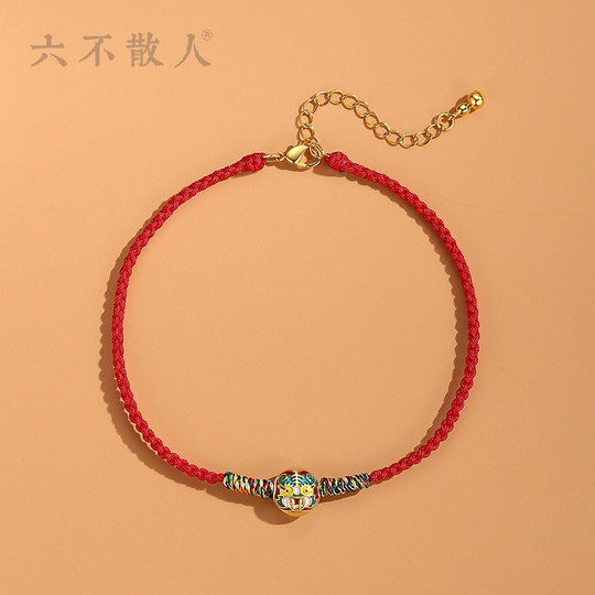 六不散人原创设计老虎头红绳脚链手工编织脚绳镀金夏季女高级足链