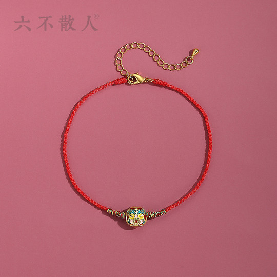 六不散人原创设计老虎头红绳脚链手工编织脚绳镀金夏季女高级足链